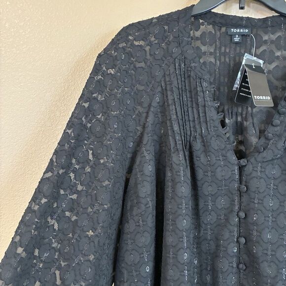 Torrid New Size 3X Black Shimmer Geo Clip Chiffon Smocked‎ Blouson Sleeve Blouse - Picture 6 of 13